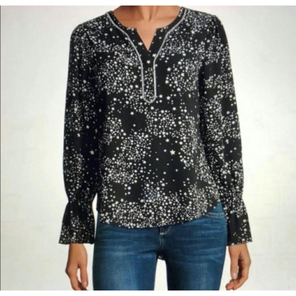 Libby Edelman Star Print Blouse Rhinestone Trim Split Neck High Low‎ Hem NWT